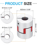 MECCANIXITY aluminum shaft coupling, 10mm–10mm bore, 30mm long, silver with red flexible spider jaws front & side views