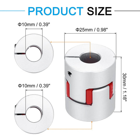 MECCANIXITY aluminum shaft coupling, 10mm–10mm bore, 30mm long, silver with red flexible spider jaws front & side views
