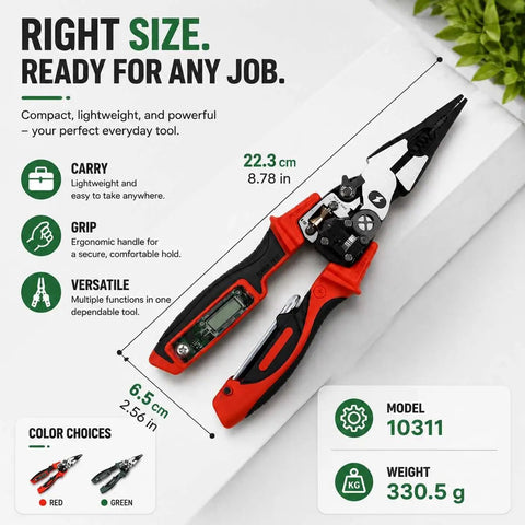 4-In-1 Wire Stripping And Testing Pliers With LED Digital Voltage Tester, 12-250V Multi-Function Electrical Tool For Stripping, Cutting, Crimping, And Wire Testing, Pro-Grade Hand Tool For Electricians And DIYers, Red shown with 22.3 cm size
