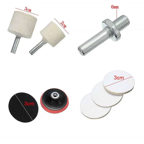Image showing components of the 9 Piece Glass Polishing Kit For Windshield And Glass Repair DIY Deep Scratch Remover With Cerium Oxide Powder Felt Pads And Polishing Wheels Easy To Use For A Clear Scratch Free View, including polishing wheels, pads, and metal attachments.