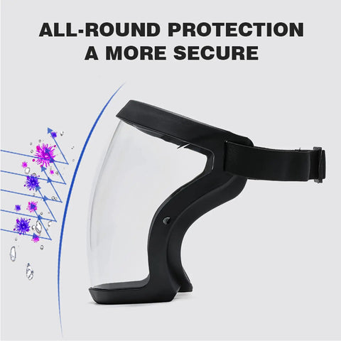 Side view of an Anti Fog Clear Face Shield for Adults, glasses-friendly plastic shield with black frame and full face protection.