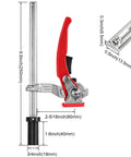 Quick Ratchet MFT Table Workbench Dog Clamp Offering 3/4 Inch Dog Hole Fitment And Rock Solid Hold Down Grip detailed view with dimensions.