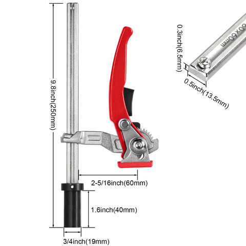 Quick Ratchet MFT Table Workbench Dog Clamp Offering 3/4 Inch Dog Hole Fitment And Rock Solid Hold Down Grip detailed view with dimensions.