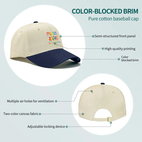 Lightweight Adjustable Womens Cap For World Down Syndrome Day Awareness March 21 Washed Distressed Low Profile Baseball Hat Totally Built For Running Or Everyday Wear With Adjustable Buckle Fit, off-white with navy blue brim, features color-blocked brim and adjustable buckle.