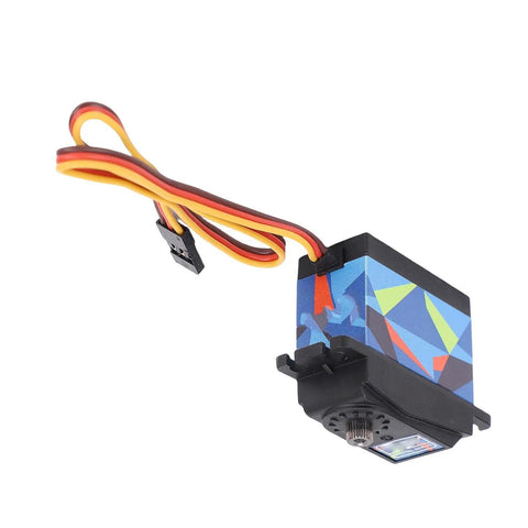 Heavy Duty 35 Kilogram Digital Servo Motor With Legit Steel Gears And An Aluminum Housing For One Ten Scale RC Builds angled view with colorful design