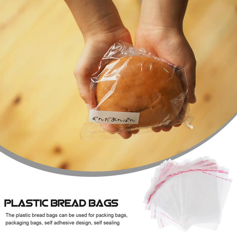Hands holding bread in self sealing plastic bags, clear resealable bags shown, Self Sealing Goodie Bags Pack of 100, Resealable 4x6 Inch Treat Bags 10x15 cm For Cookies, Candy, Snacks, or Gifts, Individually Packed, Great for Kitchen Storage, Travel and Party Favors.