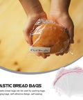 Hands holding bread in clear plastic bread bag with label, caption reads 'Plastic Bread Bags' with product focus keyword included.