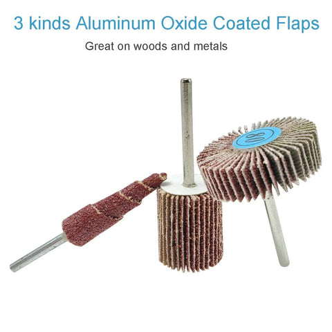 80 Grit Flap Wheel Sander Set For Rotary Tools With One Eighth Inch Shank Cone Shape Abrasive Sanding Bits 30 Piece Pack