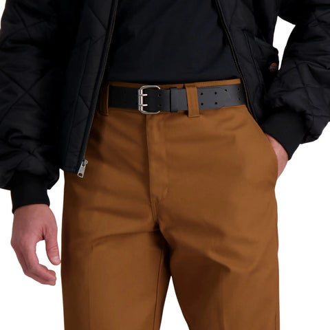 Leather Double Prong Belt For Men In Black Built Tough With Roller Buckle Fully Adjustable Strap For All Day Comfort Durable Everyday Belt For Jeans Workwear And Casual Looks shown with brown pants