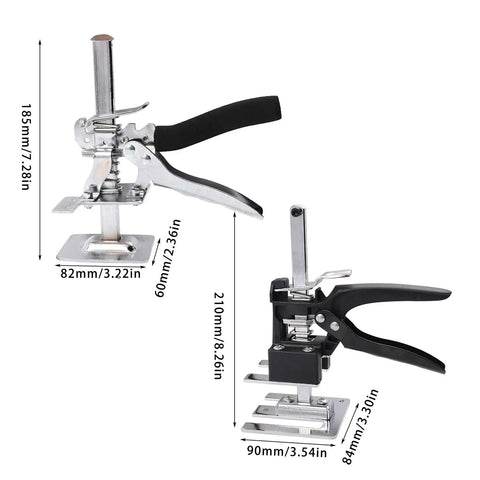 Rugged Carbon Steel Furniture Lifting Jack Adjustable Multi Purpose Cabinet Installer Hoist Heavy Duty handheld tool with measurements.
