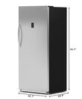 Twenty One Cubic Feet Upright Convertible Refrigerator Freezer Combo With Adjustable Drawers, stainless steel front, side view with dimensions.