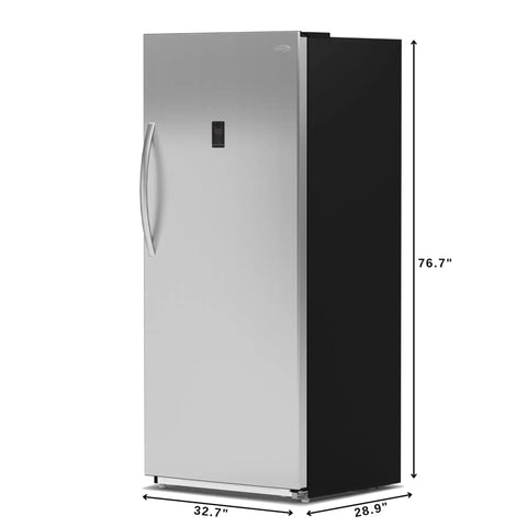 Twenty One Cubic Feet Upright Convertible Refrigerator Freezer Combo With Adjustable Drawers, stainless steel front, side view with dimensions.