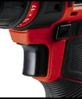Close-up of Rock Solid 18V Cordless Drill Driver's trigger and ergonomic grip for precise control and heavy-duty tasks.