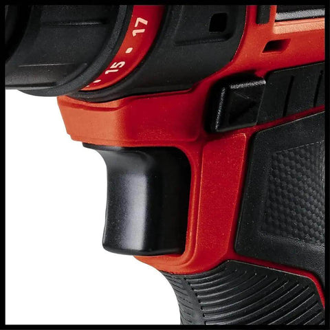 Close-up of Rock Solid 18V Cordless Drill Driver's trigger and ergonomic grip for precise control and heavy-duty tasks.