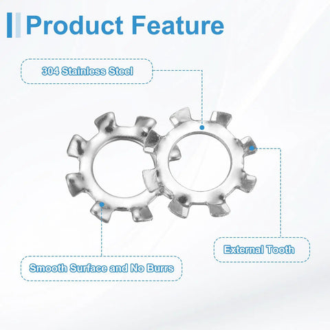 Fifty Piece One Quarter External Tooth Lock Washer Set in 304 Stainless Steel with Multi Tooth Star Design.