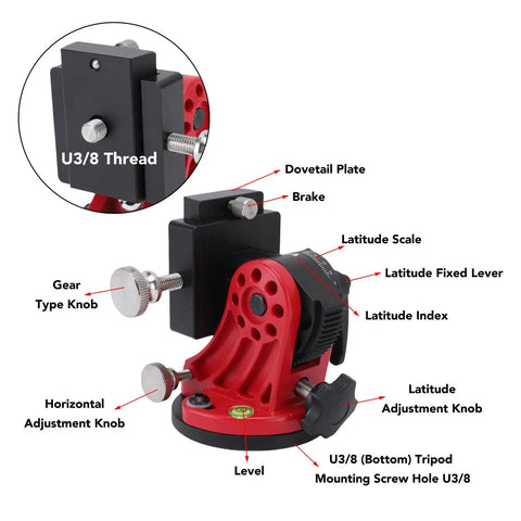 Latitude Adjustment Base For Telescopes And Astro Gear 0 To 90 Degree Aluminum Mount showing threaded components and adjustment knobs