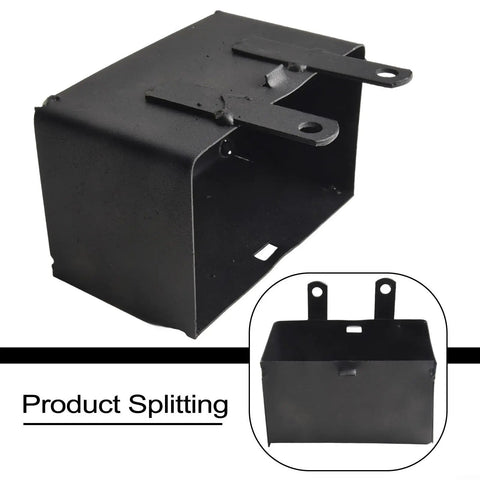 Heavy Duty Beefy Battery Storage Box For 50Cc 70Cc 110Cc 125Cc Atv Quad Dirt Bike Trail Riding Off Road Knockout Impact Protection Mount Case 4 8 X 2 76 Inches steel storage box side view showing mounting points.