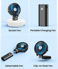 Detachable Handle Dope Portable Fan With 5200mAh Power Bank, showing socket, portable, detachable, and clip-on fan modes.