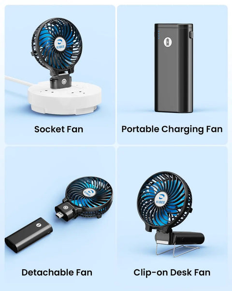 Detachable Handle Dope Portable Fan With 5200mAh Power Bank, showing socket, portable, detachable, and clip-on fan modes.