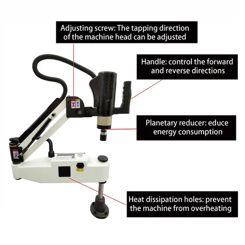 Be lockery 220V Universal Electric Tapping Machine With Touch Screen features adjusting screw, handle, energy reducer, and heat dissipation.