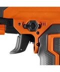 Close-up of trigger and controls on a Two And One-Eighth Inch 18-Gauge Brad Nailer With Clean Drive Technology for precise fastening.