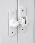 Dead Simple Matte White Gate Lock For Aluminum Barn Doors seamless latch mounted on white doors with tight secure fit.