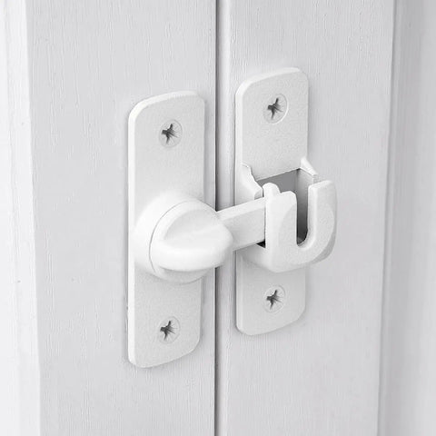 Dead Simple Matte White Gate Lock For Aluminum Barn Doors seamless latch mounted on white doors with tight secure fit.