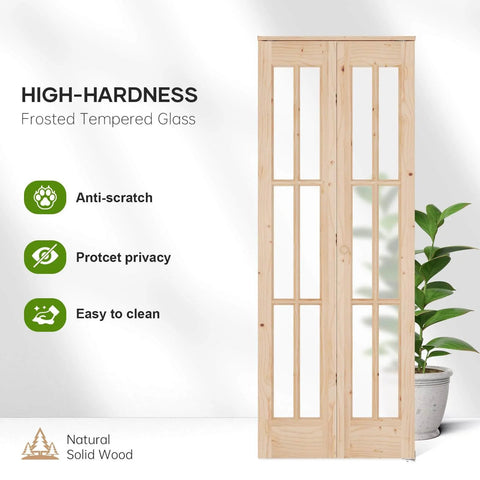 Double 30 By 80 Inch Bifold Barn Door With Tempered Frosted Glass And Solid Wood Space Saving Closet Door Kit With Concealed Hardware