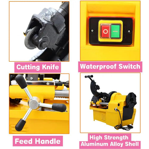 Heavy Duty 220 Volt Electric Pipe Threader Machine Real Workhorse For Cutting And Threading One Half To Two Inch Pipes With Self Oiling System For Quick Pro Jobs, featuring waterproof switch and cutting knife.