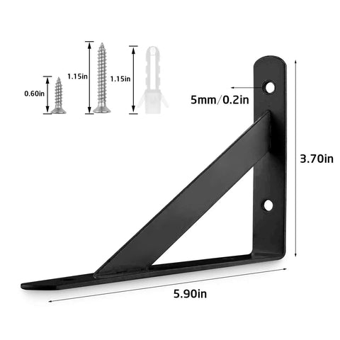 Image showing a Heavy Duty Shelf Brackets Six Pack Black L Corner Braces 4 By 6 Inch 90 Degree, dimensions highlighted, screws included.