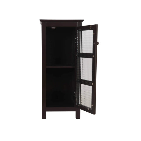 Open view of Chesterfield Freestanding Floor Cabinet With Waffle Glass Panel In Espresso Finish Adjustable Shelf Durable Engineered Wood