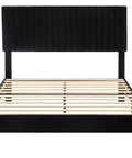 Queen Size Bed Frame With Plush Velvet Upholstery And Channel Tufted Headboard Boasting Solid Wooden Slats For No Sweat Mattress Support Big Time Comfort Black Bedroom Setup, front view showcasing slats and headboard.