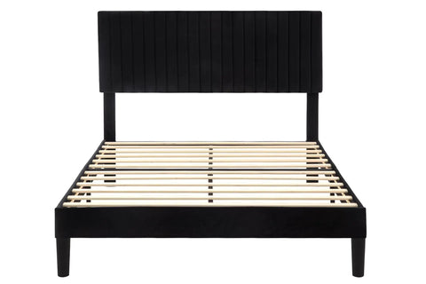 Queen Size Bed Frame With Plush Velvet Upholstery And Channel Tufted Headboard Boasting Solid Wooden Slats For No Sweat Mattress Support Big Time Comfort Black Bedroom Setup, front view showcasing slats and headboard.