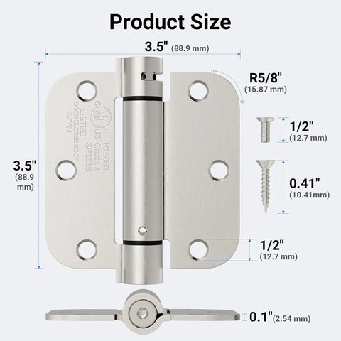Two Pack Self Closing Door Hinges 3.5 Inch Satin Nickel Spring Loaded With Five Eighths Inch Radius Corner Adjustable Tension Auto Close
