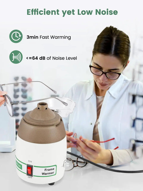 Premium Eyeglass Frame Warmer Featuring Rapid Heat Adjustment And A Slick Dual Safety Shield for quick optical lens repair in use.