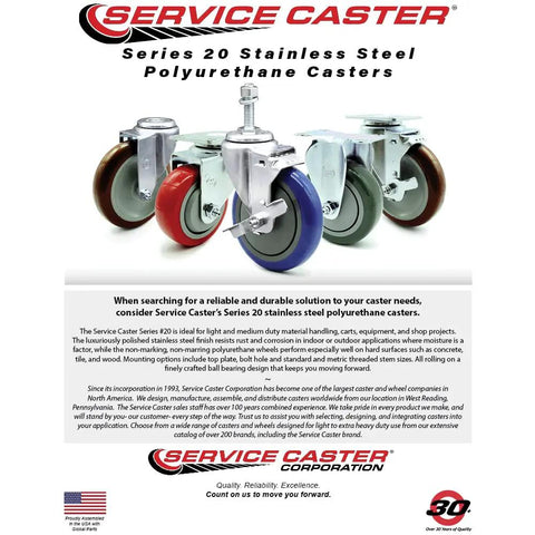 Built To Last And Rolls Like A Champ Heavy Duty Stainless Steel Polyurethane Caster Set With Three Inch Red Wheels Swivel Lock Brakes Three Eighth Inch Threaded Stem One Two Hundred Pound Capacity seen from side view with wheels.