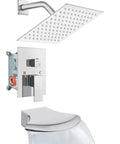 Slick Polished Chrome Tub And Shower Faucet Set With 8 Inch Rain Shower Head And Waterfall Tub Spout Wall Mounted Rough In Valve With Trim Kit Easy Install 2 Function Shower System Mixer For Modern Bathroom Upgrade displayed with rain head and faucet view.