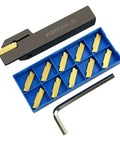 Lathe grooving tool holder with 11 MGMN300-M carbide inserts in a blue insert organizer and an Allen wrench