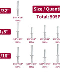 505 Piece Aluminum Blind Rivets Kit With Dome Head Pop Rivets For Quick Install Handy Assortment For Home Shop And Auto Projects Durable Vibration Resistant Fasteners For Metal Plastic And Wood. 505-piece aluminum blind rivets kit, 5/32 to 3/16 size chart