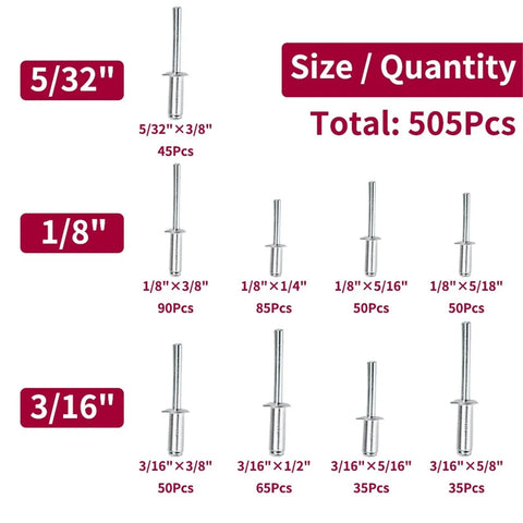 Aluminum Blind Rivets Kit With Dome Head Pop Rivets 505 Piece Fastening Assortment For Dyi Projects Home Auto And Metalworking Heavy Duty Durable Aluminum Rivets Corrosion Resistant Easy Clamp And Secure Join, size chart