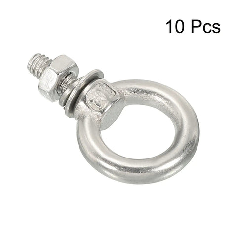 Heavy Duty Stainless Steel Eye Bolts With Nuts Washers For Lifting Hanging Top Shelf Threading Kit Includes 10 Pieces close-up view