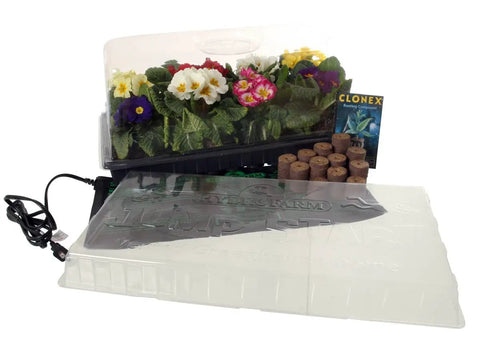 11 By 22 Inch Hot House Plus Seed Starting Kit With Jump Start 81 Pellet Greenhouse and humidity dome with flowers visible