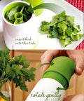 Cilantro And Spice Grinder Manual Stainless Steel Green Easy Clean Kitchen Tool shown in use with herbs.