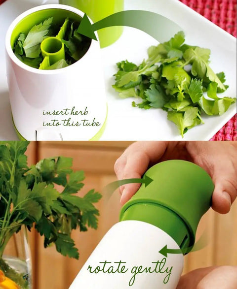 Cilantro And Spice Grinder Manual Stainless Steel Green Easy Clean Kitchen Tool shown in use with herbs.