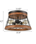 Round Wood Ceiling Light Fixture, Rustic Drum Flush Mount With Brown Oak Finish And Black Metal Wire Cage, Industrial Farmhouse Vibe