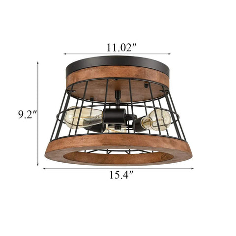 Round Wood Ceiling Light Fixture, Rustic Drum Flush Mount With Brown Oak Finish And Black Metal Wire Cage, Industrial Farmhouse Vibe