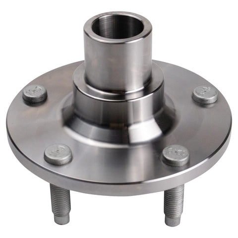 Two Piece Rear Wheel Bearing And Hub Kit For Four Wheel Drive SUVs Includes Two Rear Bearings And Two Rear Hubs Heavy Duty Direct Fit Replacement For 2001 To 2012 Model Years, close-up of single hub in metallic finish showing mounting bolts.