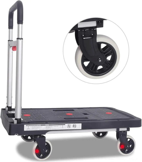 Heavy Duty 300 Lbs Folding Platform Trolley With Adjustable Handle Portable Flatbed Cart For Easy Transport Of Goods Perfect Utility Cart For Warehouse And Home Use Durable And Reliable, foldable black cart wheel detail