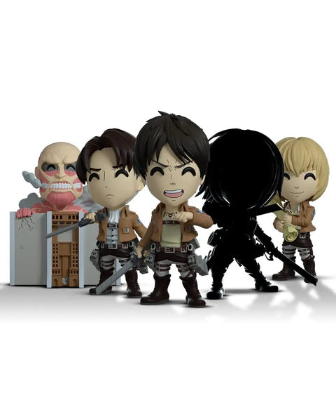 Five Attack on Titan chibi figures, including Colossal Titan Vinyl Figure 5 Inch From Attack On Titan Anime Series Collectible Figurine.