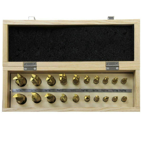VCT Tools 20pc HSS tin-coated end mill set, 2- and 4-flute, 3/16–3/4 in, in wooden case